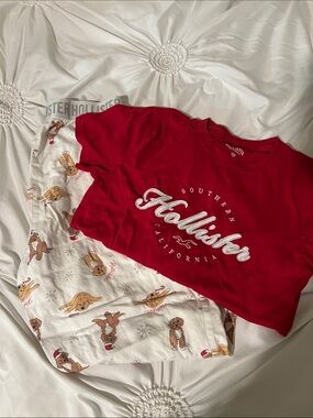 Hollister Red Logo Tee with Dog Print Pajama Pants and shirt set